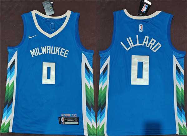 Men%27s Milwaukee Bucks #0 Damian Lillard Blue 2022-23 City Edition Stitched Basketball Jersey